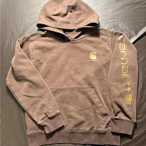 Youth Carhartt Brown Pullover Hoodie Spellout Logo Down Sleeve Size M 10-12